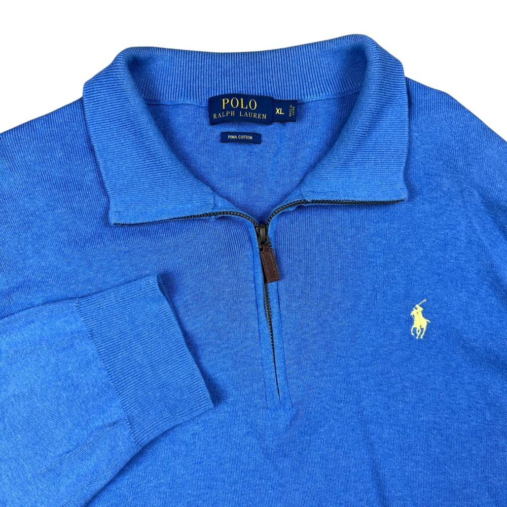 Polo Ralph Lauren Mens XL Blue Pima Cotton Quarter Zip Sweater Pony Preppy